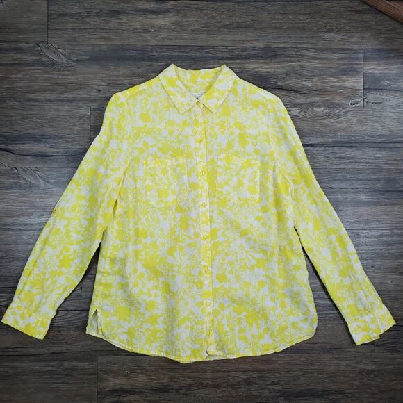 Charter Club Yellow Floral Linen Blouse Size M Coastal Resort Preppy Grandmother - Picture 7 of 11